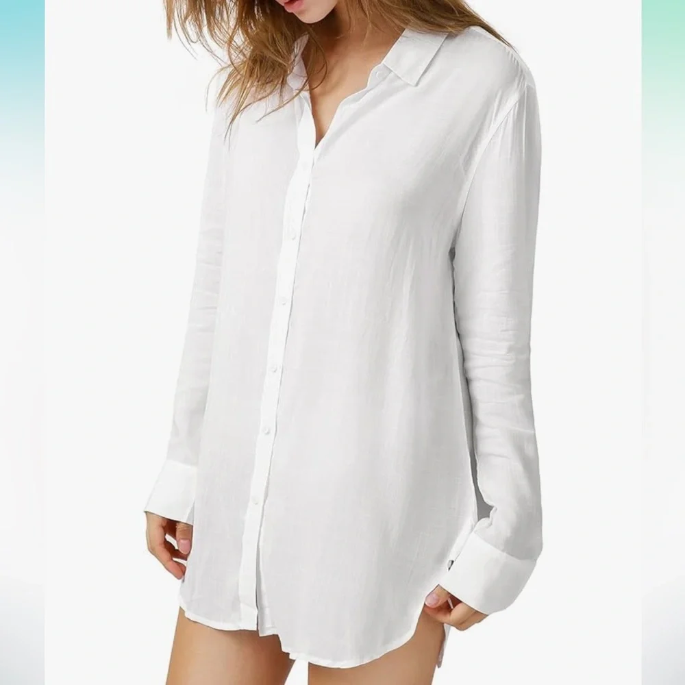 White Sheer Button Down Blouse Lightweight Beach Cover Up Shirt Medium - Picture 1 of 11